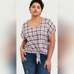 Torrid V-Neck Plaid Tie-Front Blouse